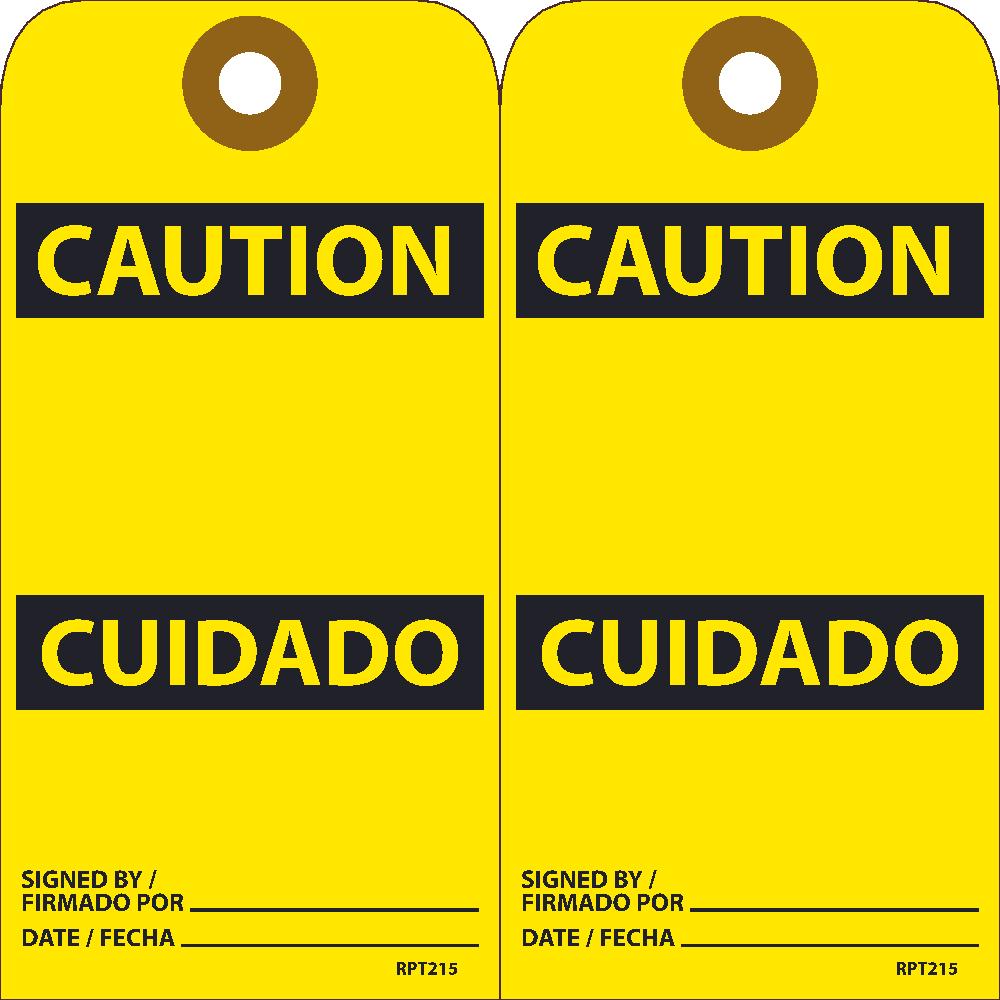 Tags, Caution, Blank, Bilingual, 25Pk, 6X3, .015 Unrippable Vinyl With Grommet, Zip Ties Included - RPT215G-eSafety Supplies, Inc