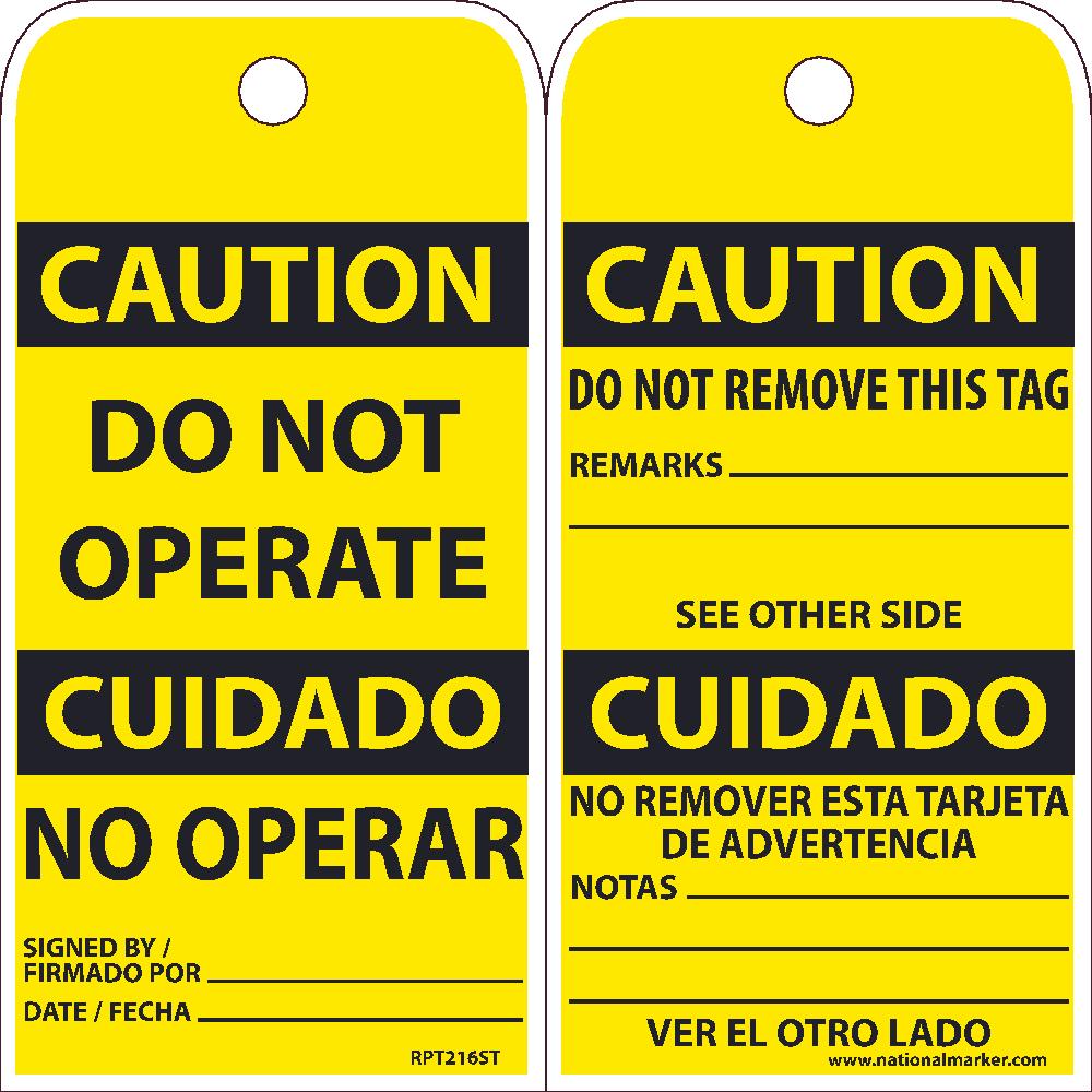 Tags, Caution, Do Not Operate, Bilingual, 25Pk, 6X3, .010 Synthetic Paper With 1 Top Center Hole - RPT216ST-eSafety Supplies, Inc