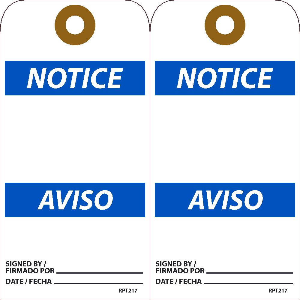 Tags, Notice, Blank Tag, Bilingual, 25Pk, 6X3, .015 Unrippable Vinyl With Grommet, Zip Ties Included - RPT217G-eSafety Supplies, Inc