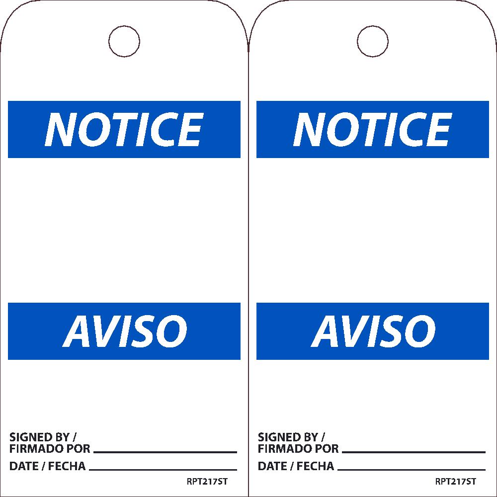 Tags, Notice, Blank Tag, Bilingual, 25Pk, 6X3, .010 Synthetic Paper With 1 Top Center Hole - RPT217ST-eSafety Supplies, Inc