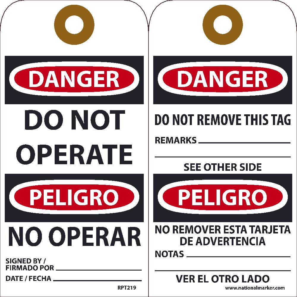 Tags, Danger, Do Not Operate, Bilingual, 25Pk, 6X3, .015 Unrippable Vinyl With Grommet, Zip Ties Included - RPT219G-eSafety Supplies, Inc