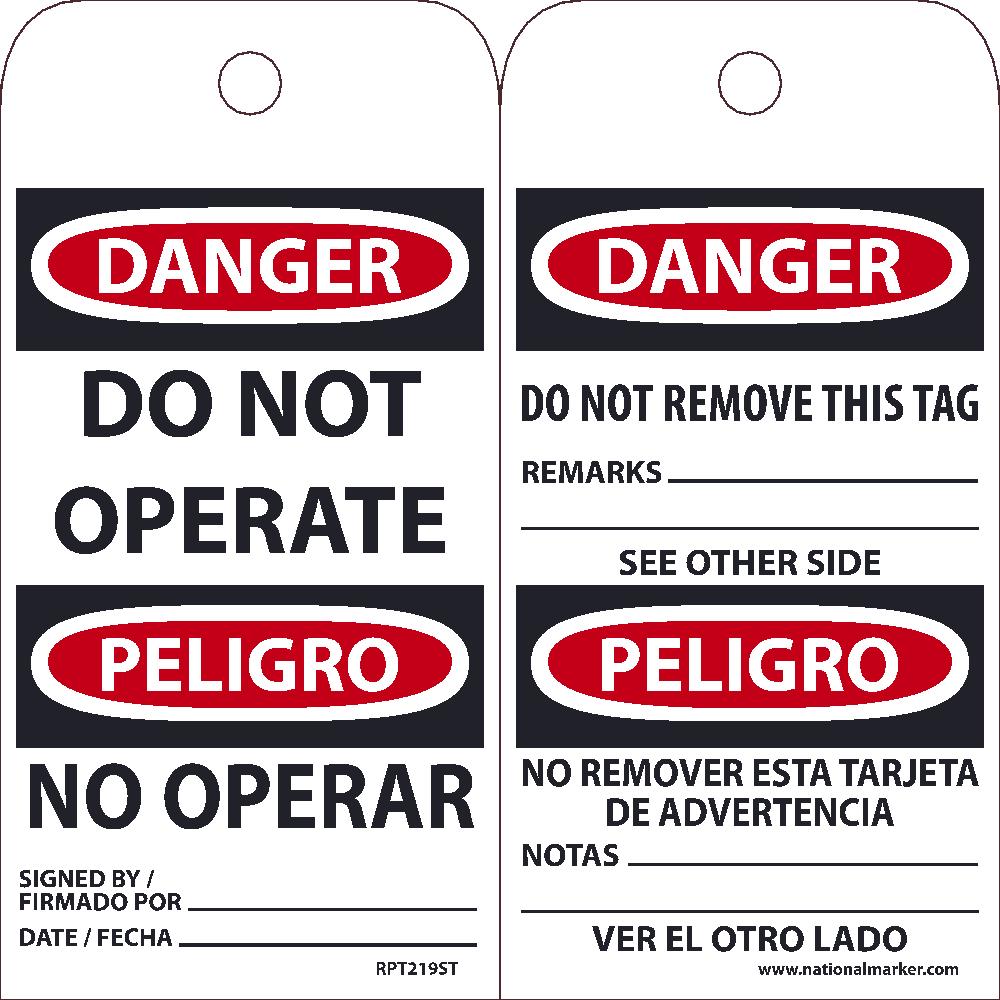 Tags, Danger, Do Not Operate, Bilingual, 25Pk, 6X3, .010 Synthetic Paper With 1 Top Center Hole - RPT219ST-eSafety Supplies, Inc