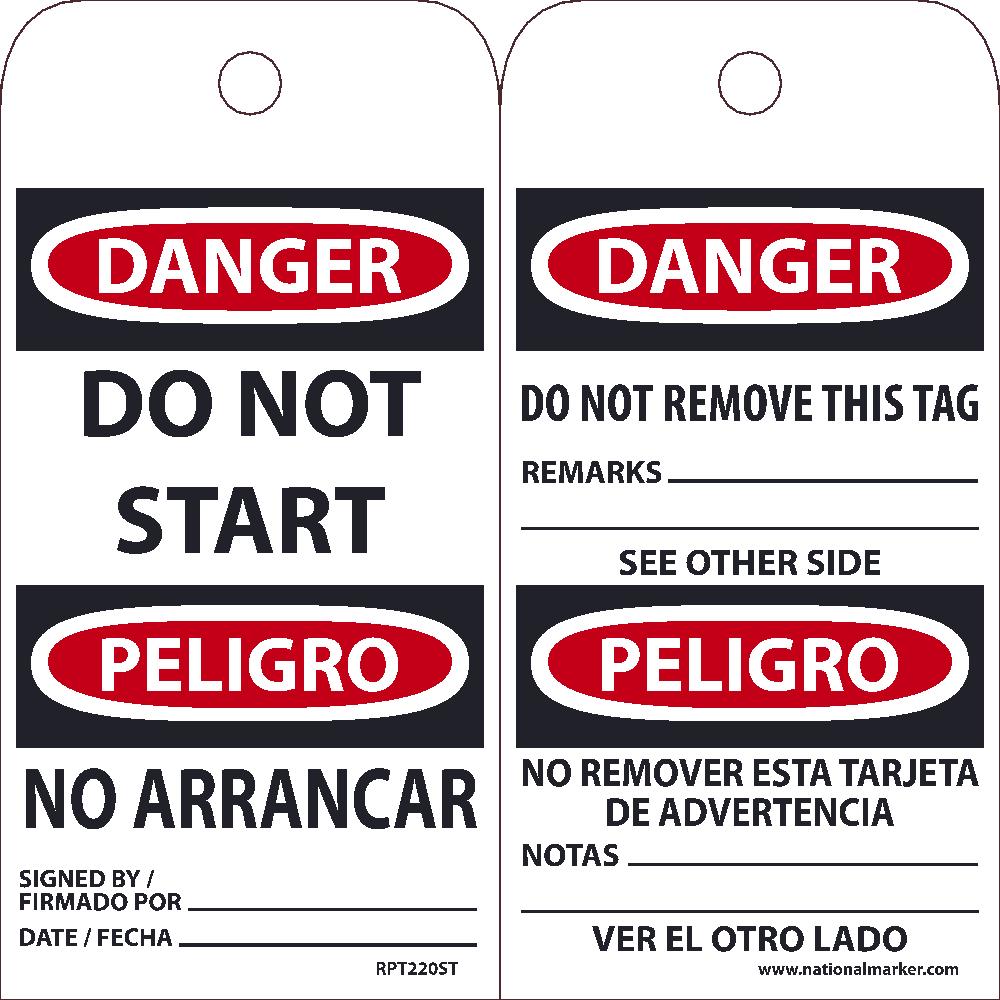 Tags, Danger, Do Not Start, Bilingual, 25Pk, 6X3, .010 Synthetic Paper With 1 Top Center Hole - RPT220ST-eSafety Supplies, Inc