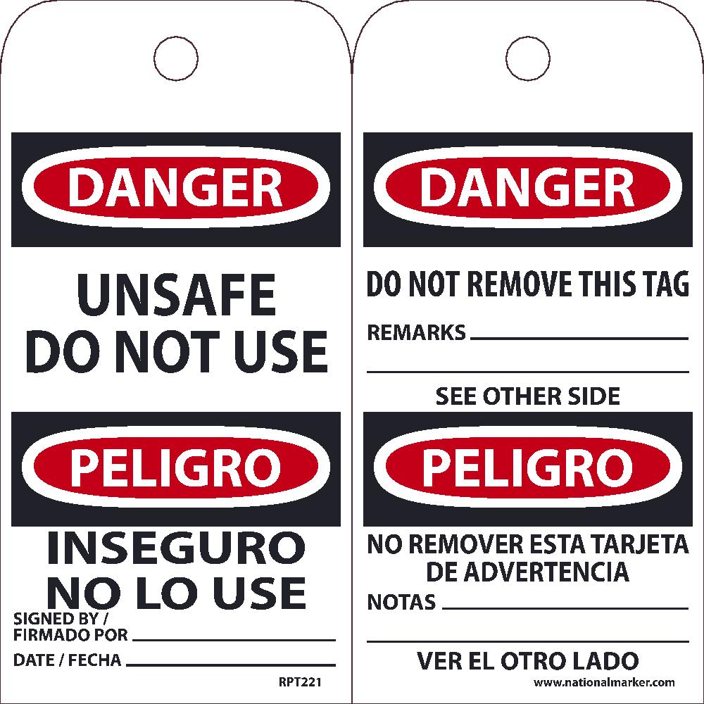 Tags, Danger, Unsafe Do Not Use, Bilingual, 25Pk, 6X3, .015 Unrippable Vinyl With 1 Top Center Hole, Zip Ties Included - RPT221-eSafety Supplies, Inc
