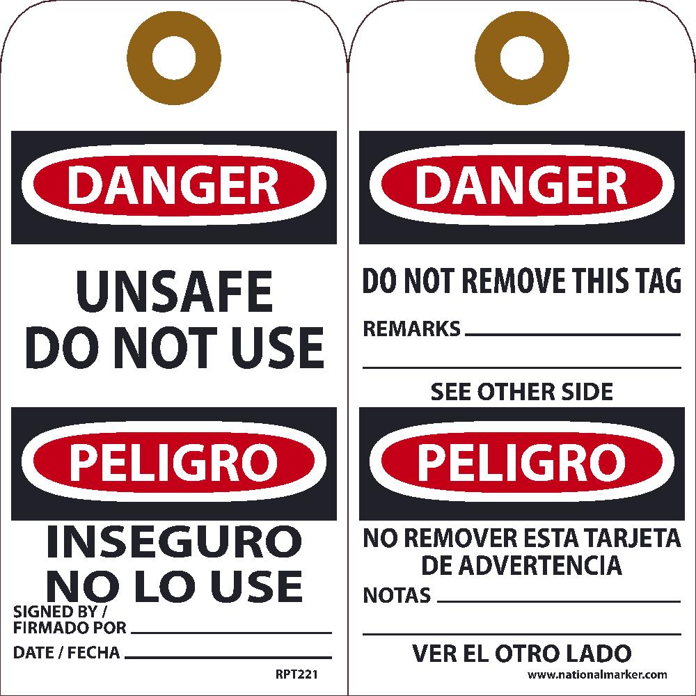 Tags, Danger, Unsafe Do Not Use, Bilingual, 25Pk, 6X3, .015 Unrippable Vinyl With Grommet, Zip Ties Included - RPT221G-eSafety Supplies, Inc