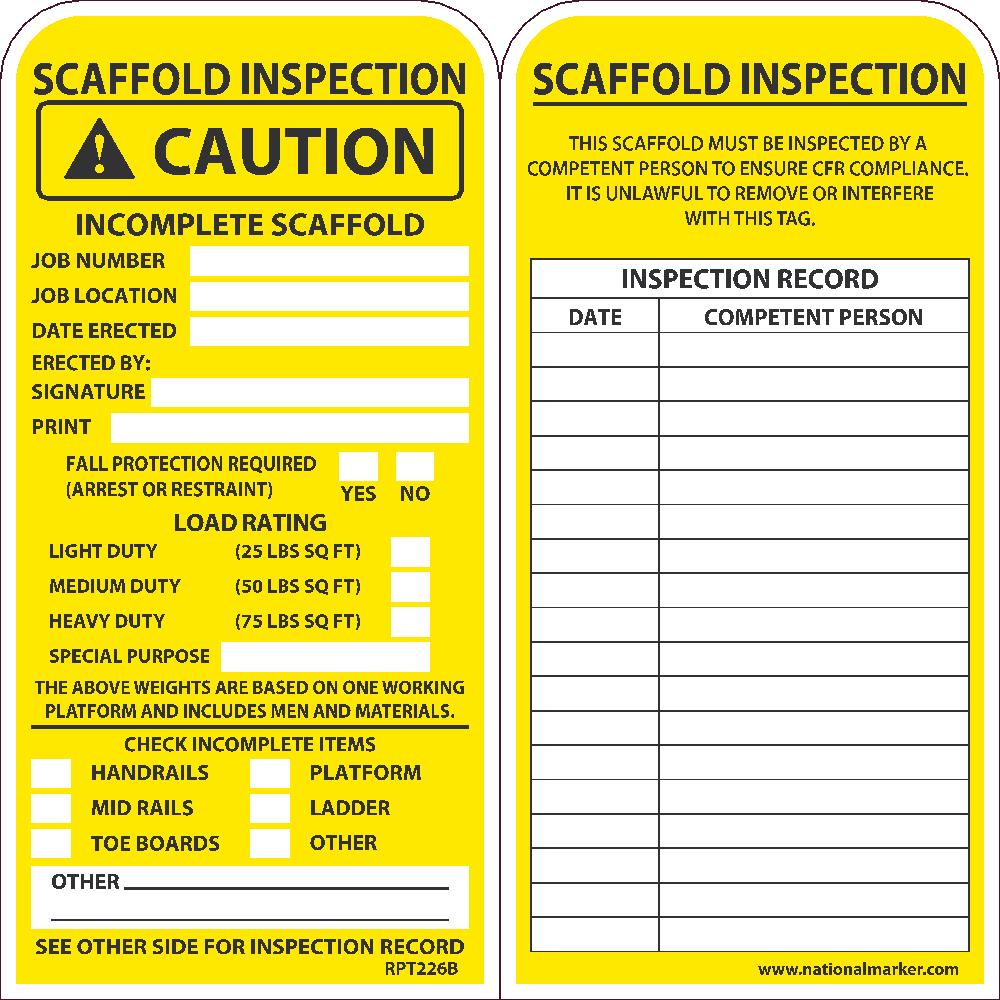 Tags, Incomplete Scaffold Tag, 6X3, .015 Mil Unrip Vinyl, 25 Pk - RPT226B-eSafety Supplies, Inc