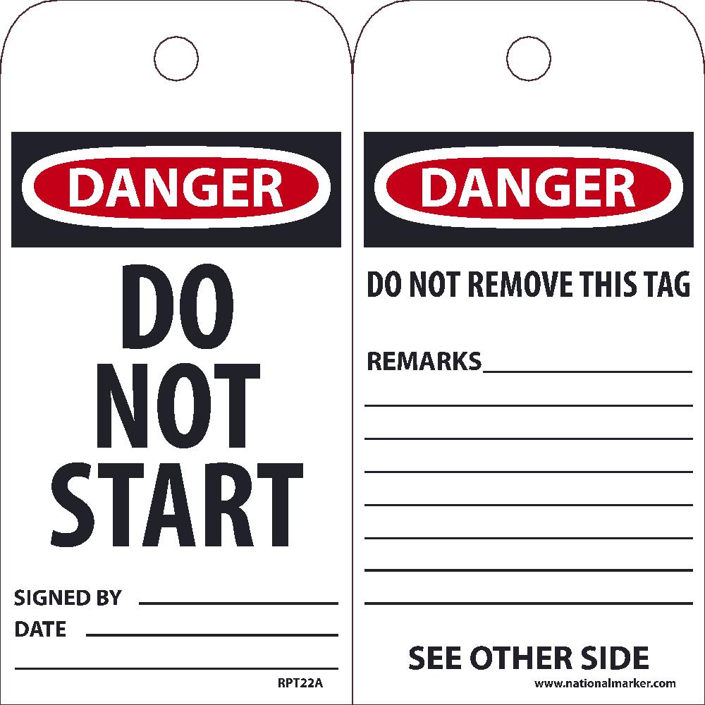 Tags, Danger Do Not Start Tag, 25Pk, 6X3, .015 Unrippable Vinyl With 1 Top Center Hole, Zip Ties Included - RPT22A-eSafety Supplies, Inc