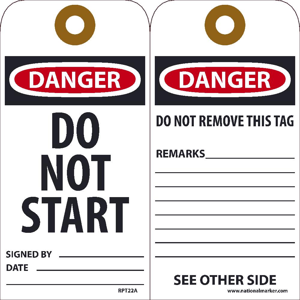 Tags, Danger Do Not Start Tag, 25Pk, 6X3, .015 Unrippable Vinyl With Grommet, Zip Ties Included - RPT22AG-eSafety Supplies, Inc