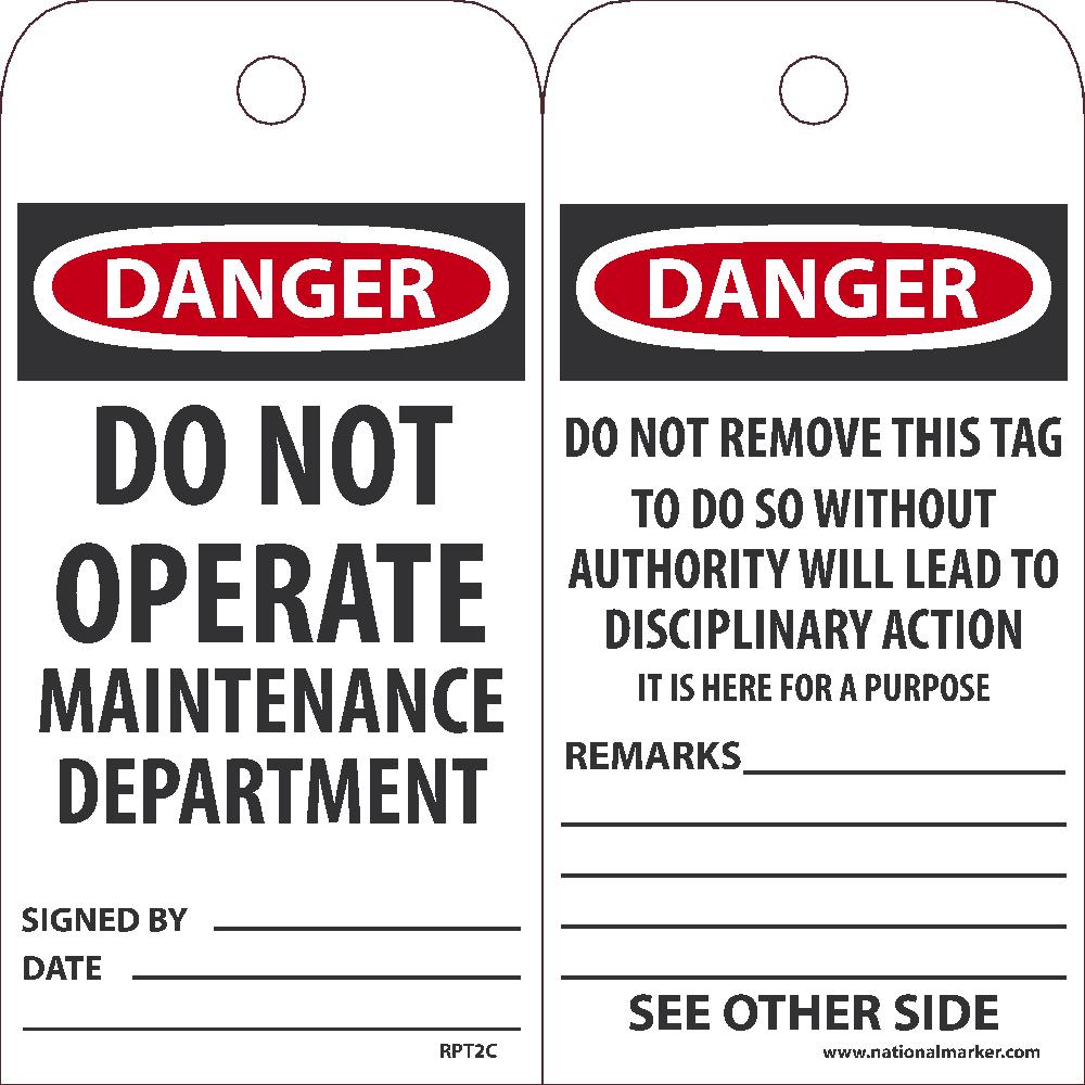 Tags, Danger Do Not Operate Maintainance Tag, 25Pk, 6X3, .015 Unrippable Vinyl With 1 Top Center Hole, Zip Ties Included - RPT2C-eSafety Supplies, Inc