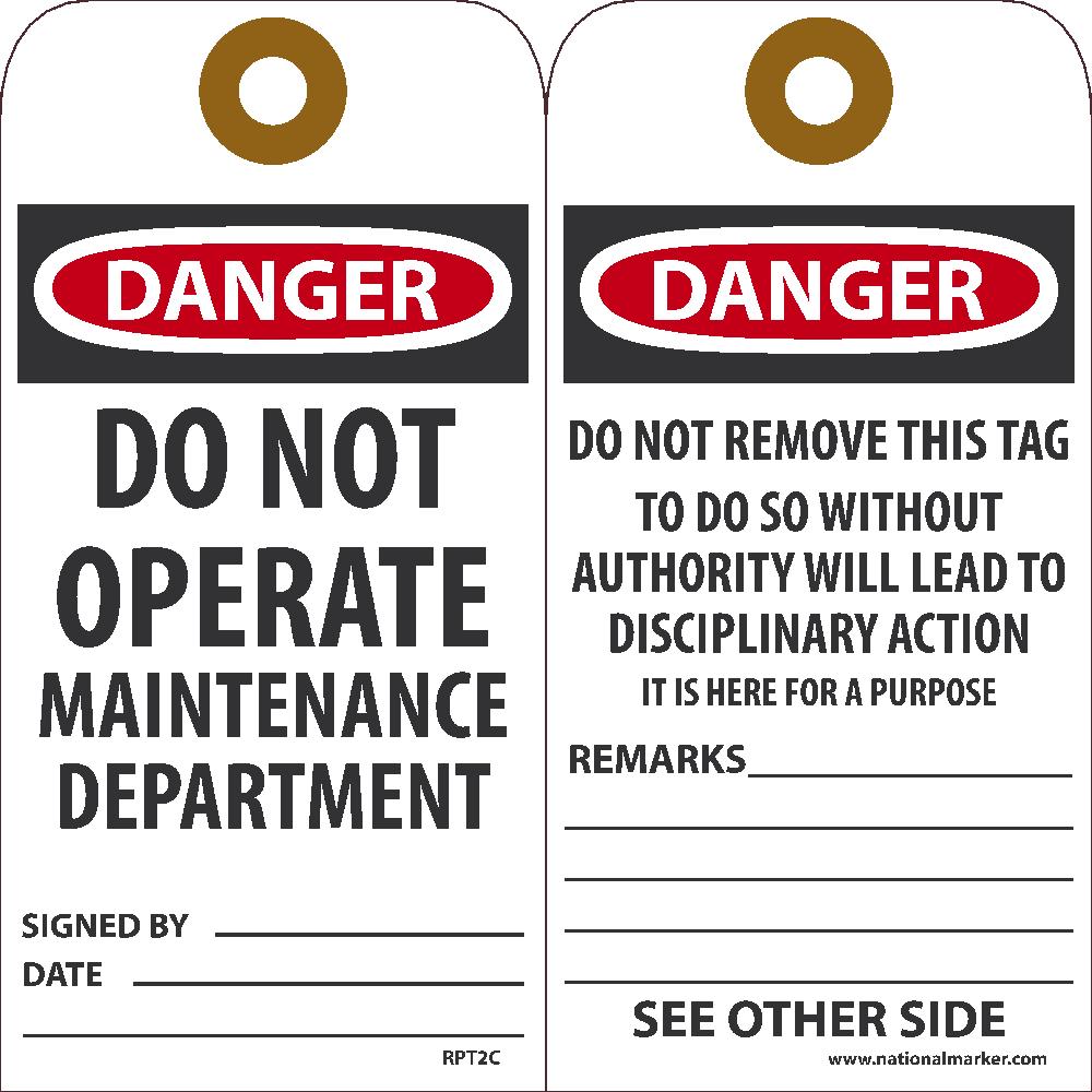 Tags, Danger Do Not Operate Maintainance Tag, 25Pk, 6X3, .015 Unrippable Vinyl With Grommet, Zip Ties Included - RPT2CG-eSafety Supplies, Inc