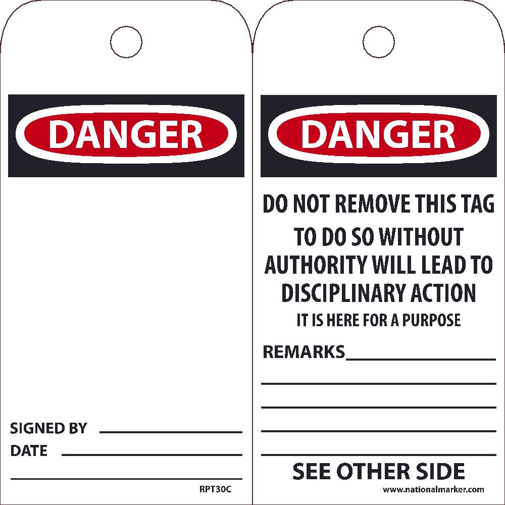 Tags, Danger, Do Not Remove This Tag, 25Pk, 6X3, .015 Unrippable Vinyl With 1 Top Center Hole, Zip Ties Included - RPT30C-eSafety Supplies, Inc