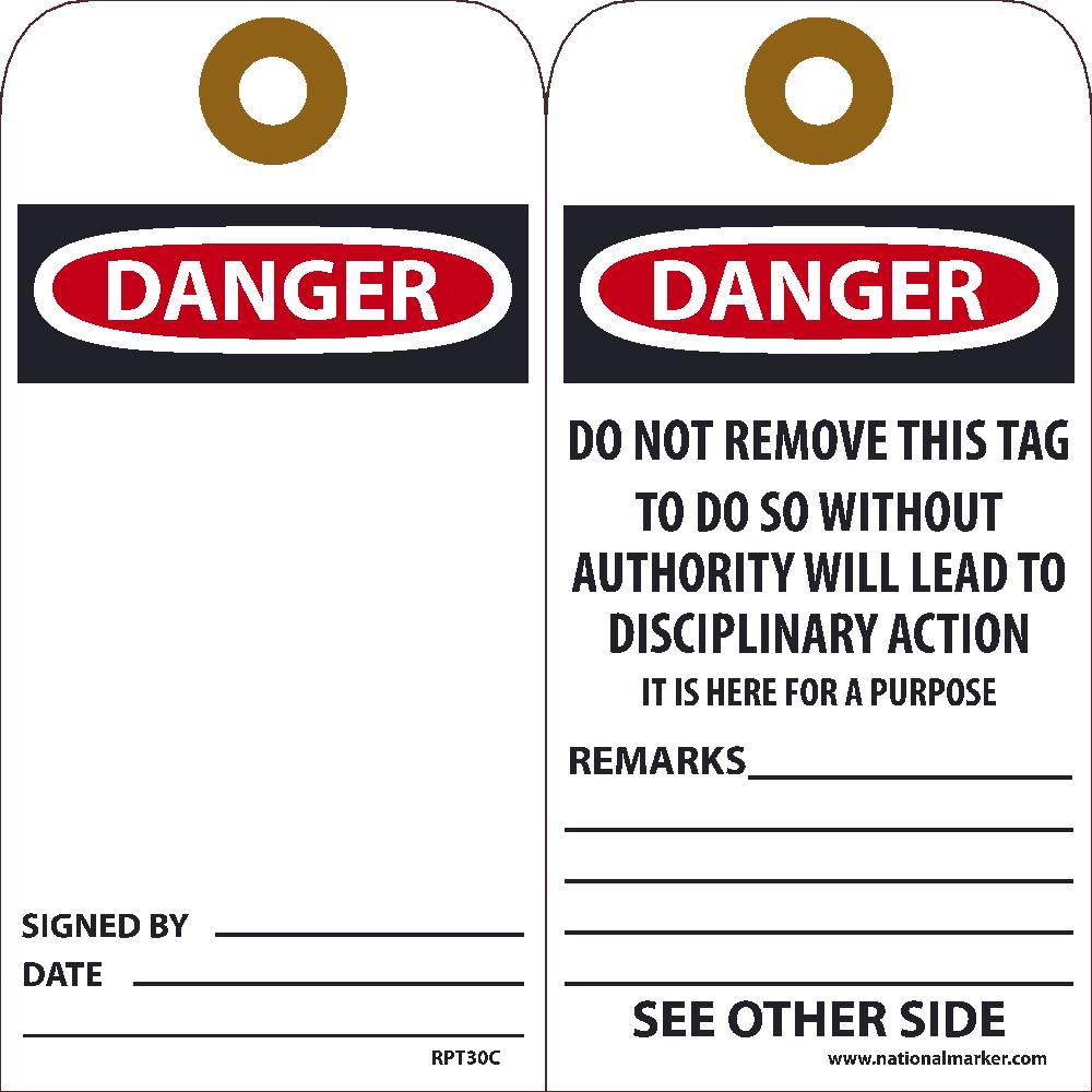 Tags, Danger, Do Not Remove This Tag, 25Pk, 6X3, .015 Unrippable Vinyl With Grommet, Zip Ties Included - RPT30CG-eSafety Supplies, Inc