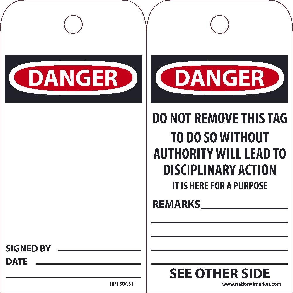 Tags, Danger, Do Not Remove This Tag, 25Pk, 6X3, .010 Synthetic Paper With 1 Top Center Hole, Zip Ties Included - RPT30CST-eSafety Supplies, Inc