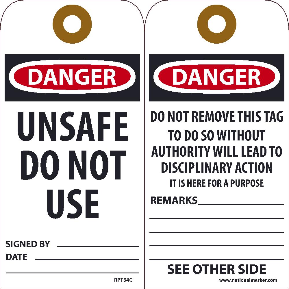 Tags, Danger Unsafe Do Not Use Tag, 25Pk, 6X3, .015 Unrippable Vinyl With Grommet, Zip Ties Included - RPT34CG-eSafety Supplies, Inc