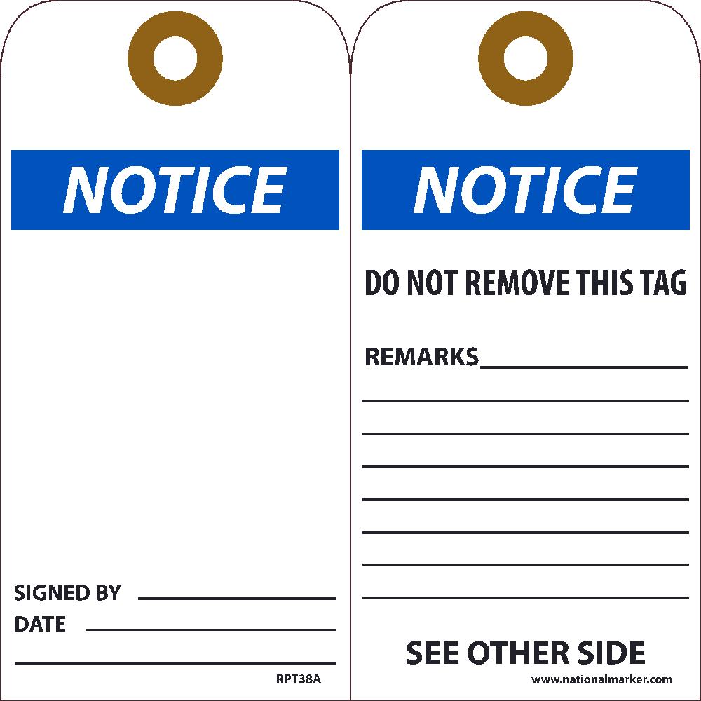 Tags, Notice, 25Pk, 6X3, .015 Unrippable Vinyl With Grommet, Zip Ties Included - RPT38AG-eSafety Supplies, Inc