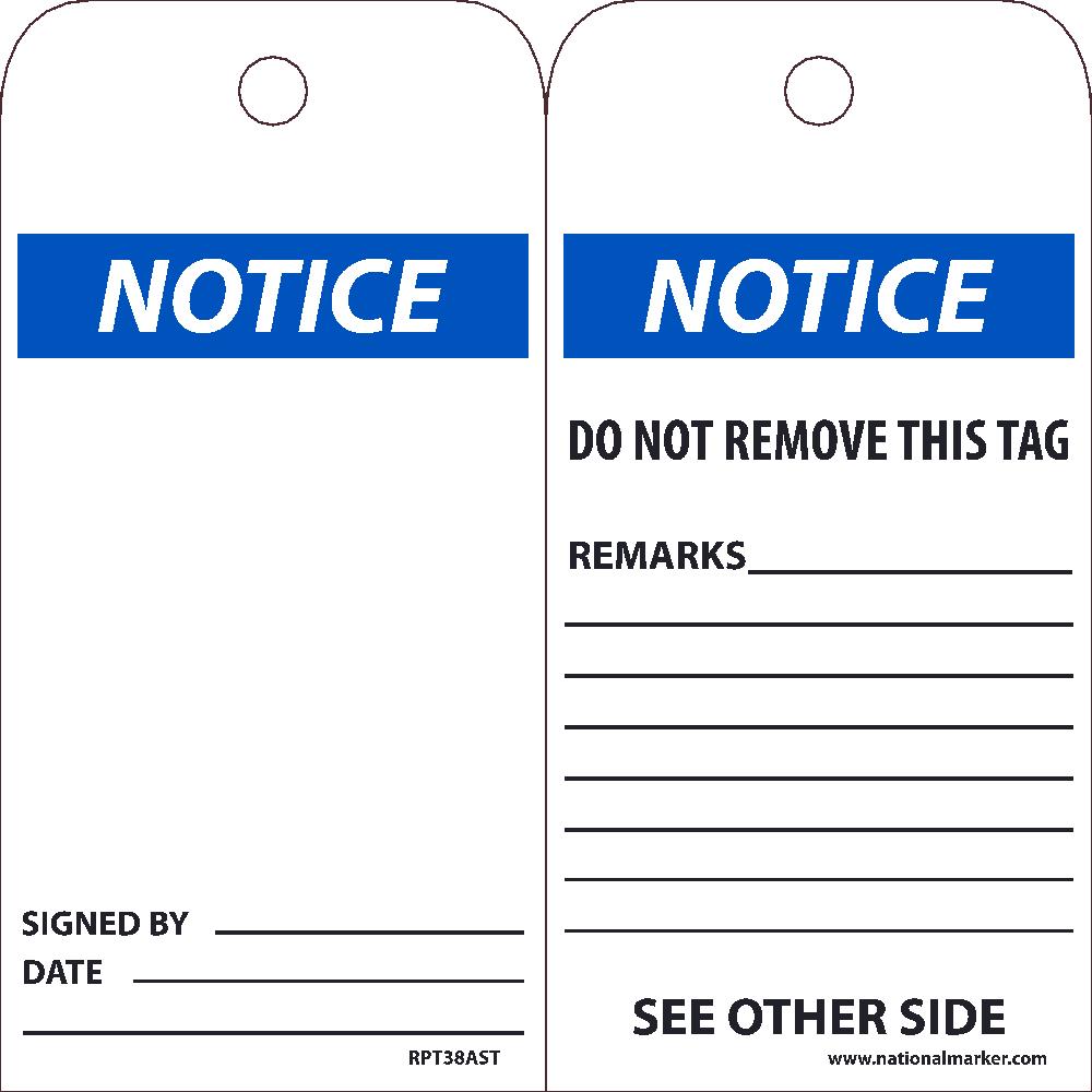 Tags, Notice, 25Pk, 6X3, .010 Synthetic Paper With 1 Top Center Hole, Zip Ties Included - RPT38AST-eSafety Supplies, Inc