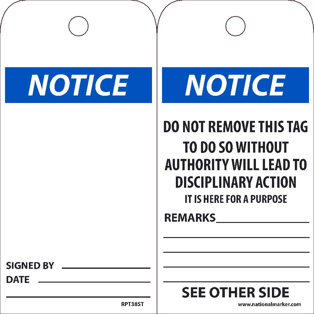 Tags, Notice, 25Pk, 6X3, .010 Synthetic Paper With 1 Top Center Hole, Zip Ties Included - RPT38ST-eSafety Supplies, Inc