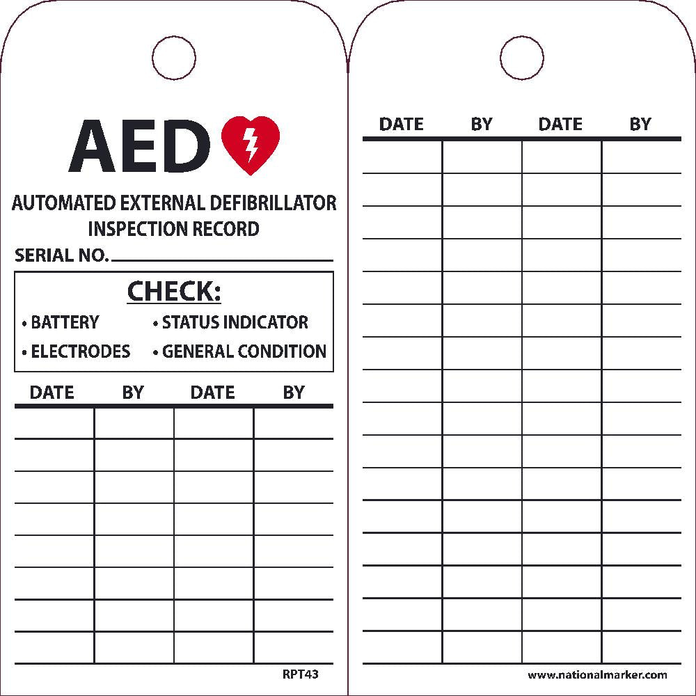 Aed Automated External Defibrillator Inspection Record Tag - Pack of 25-eSafety Supplies, Inc