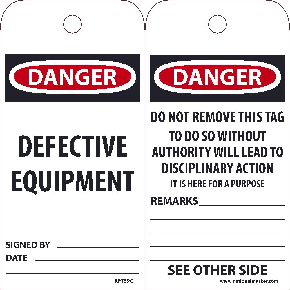 Tags, Danger Defective Equipment Tag, 25Pk, 6X3, .015 Unrippable Vinyl With 1 Top Center Hole, Zip Ties Included - RPT59C-eSafety Supplies, Inc
