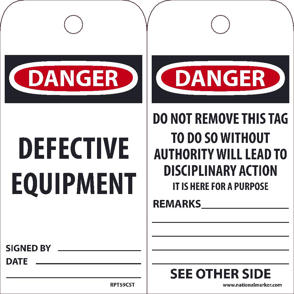 Tags, Danger Defective Equipment Tag, 25Pk, 6X3, .010 Synthetic Paper With 1 Top Center Hole, Zip Ties Included - RPT59CST-eSafety Supplies, Inc