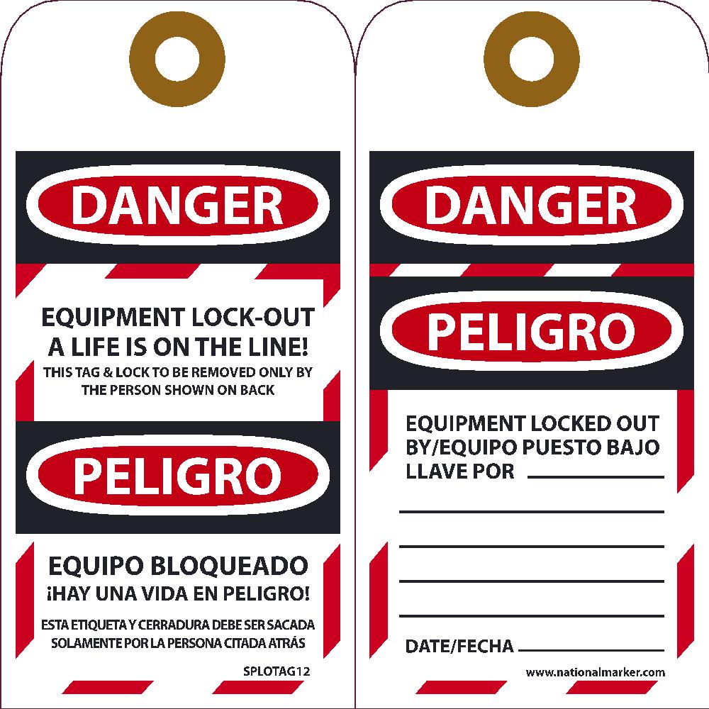 Danger Equipment Lock-Out A Life Is On The Line! Bilingual Tag - Pack of 25-eSafety Supplies, Inc