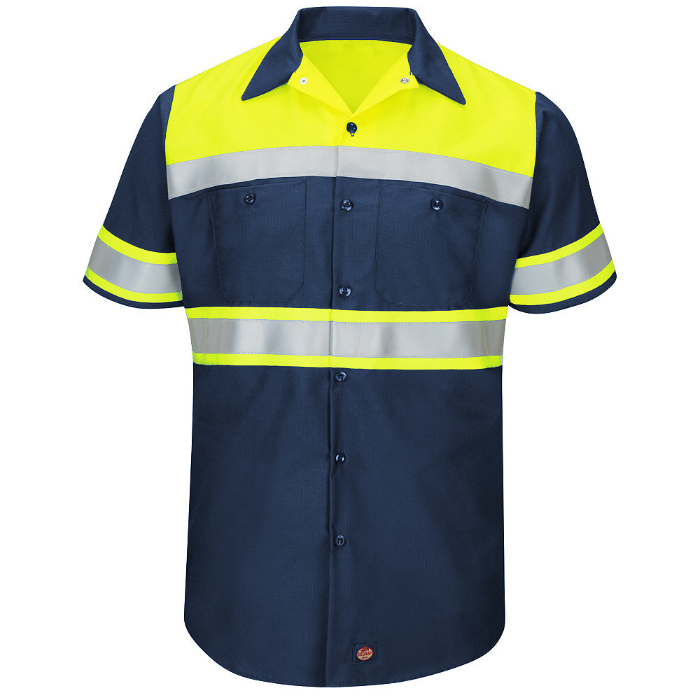 Red Kap Hi-Visibility Colorblock Ripstop Work Shirt - Type O, Class 1 SY80 - Fluorescent Yellow/Navy-eSafety Supplies, Inc