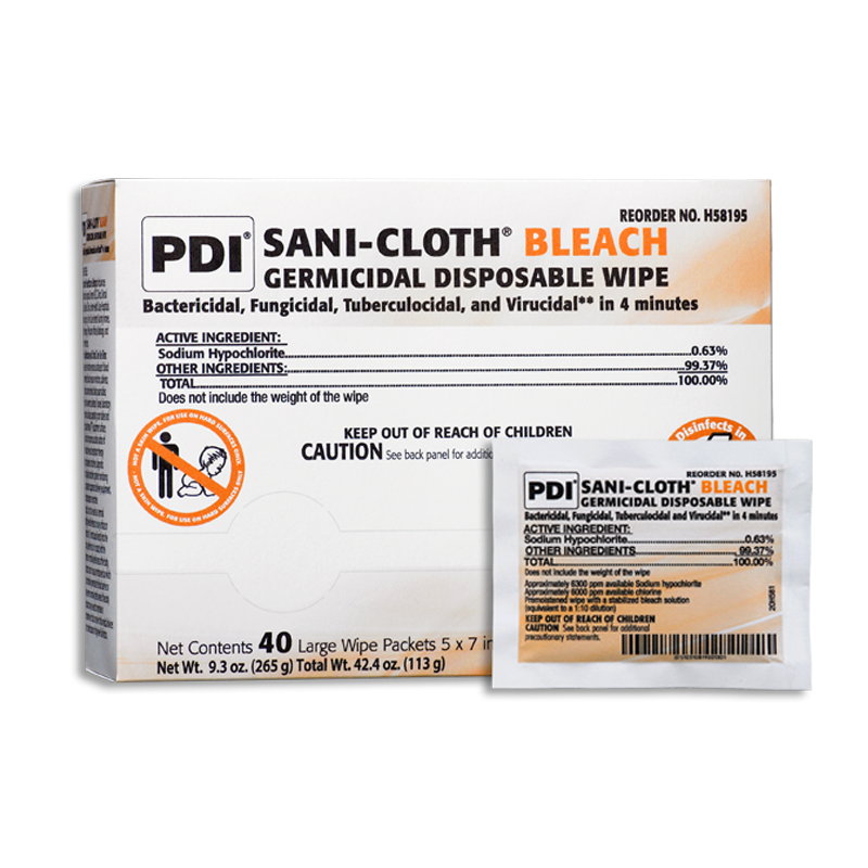 PDI SANI-CLOTH BLEACH GERMICIDAL DISPOSABLE WIPE- BOX OF 40 LARGE WIPE PACKETS-eSafety Supplies, Inc