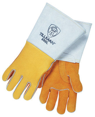Tillman Medium 14" Gold Top Grain Elkskin Cotton/Foam Lined Super Premium Grade Stick Welders Gloves With Reinforced Straight Thumb, Stiff Cowhide Cuff, Welted Finger, Kevlar