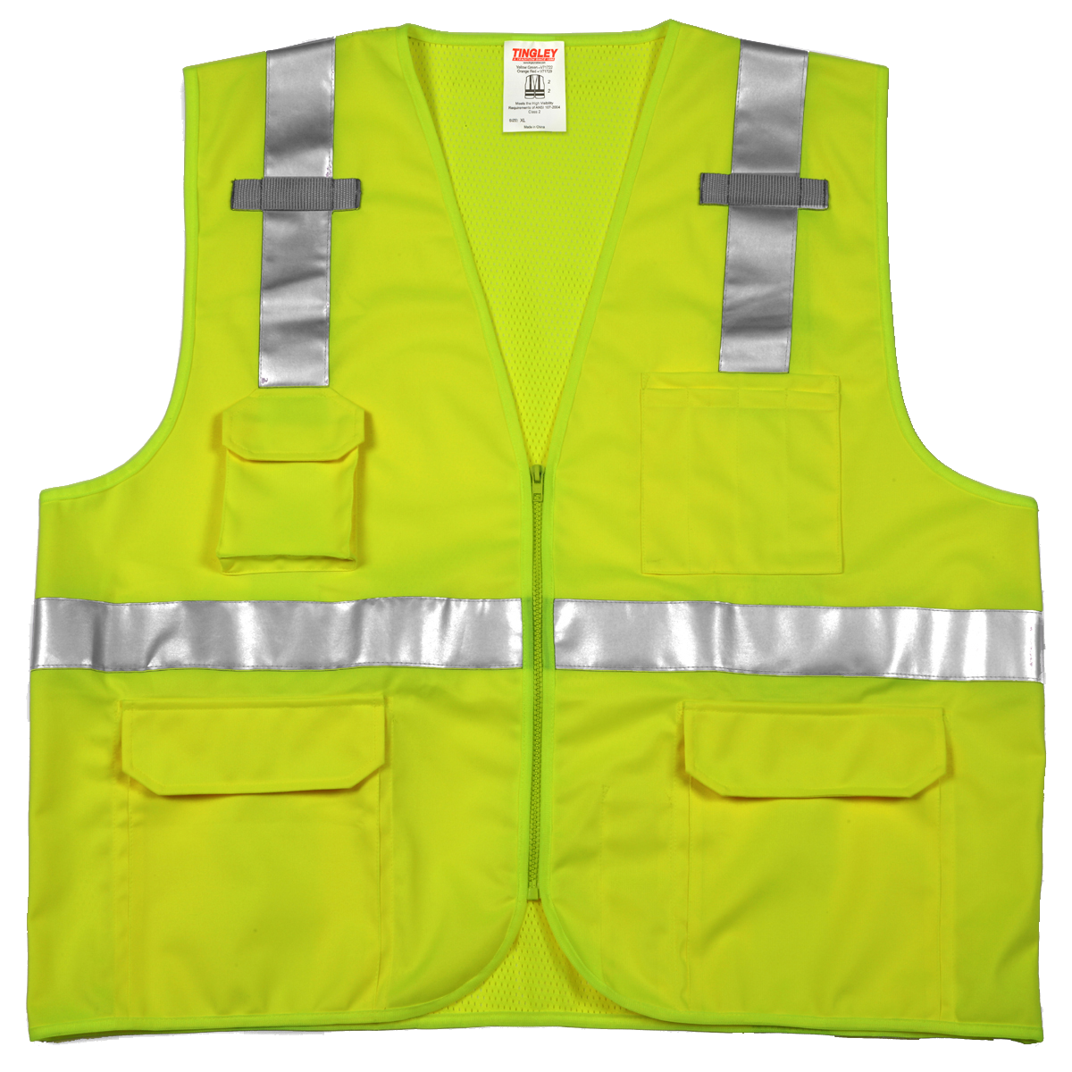 Type R Class 2 Surveyor Style Vest - Fluorescent Yellow-Green - Polyester Solid Front, Mesh Back - Zipper Closure - 2 Mic Tabs - 5 Exterior Pockets - 3 Interior Pockets - Silver Reflective Tape-eSafety Supplies, Inc