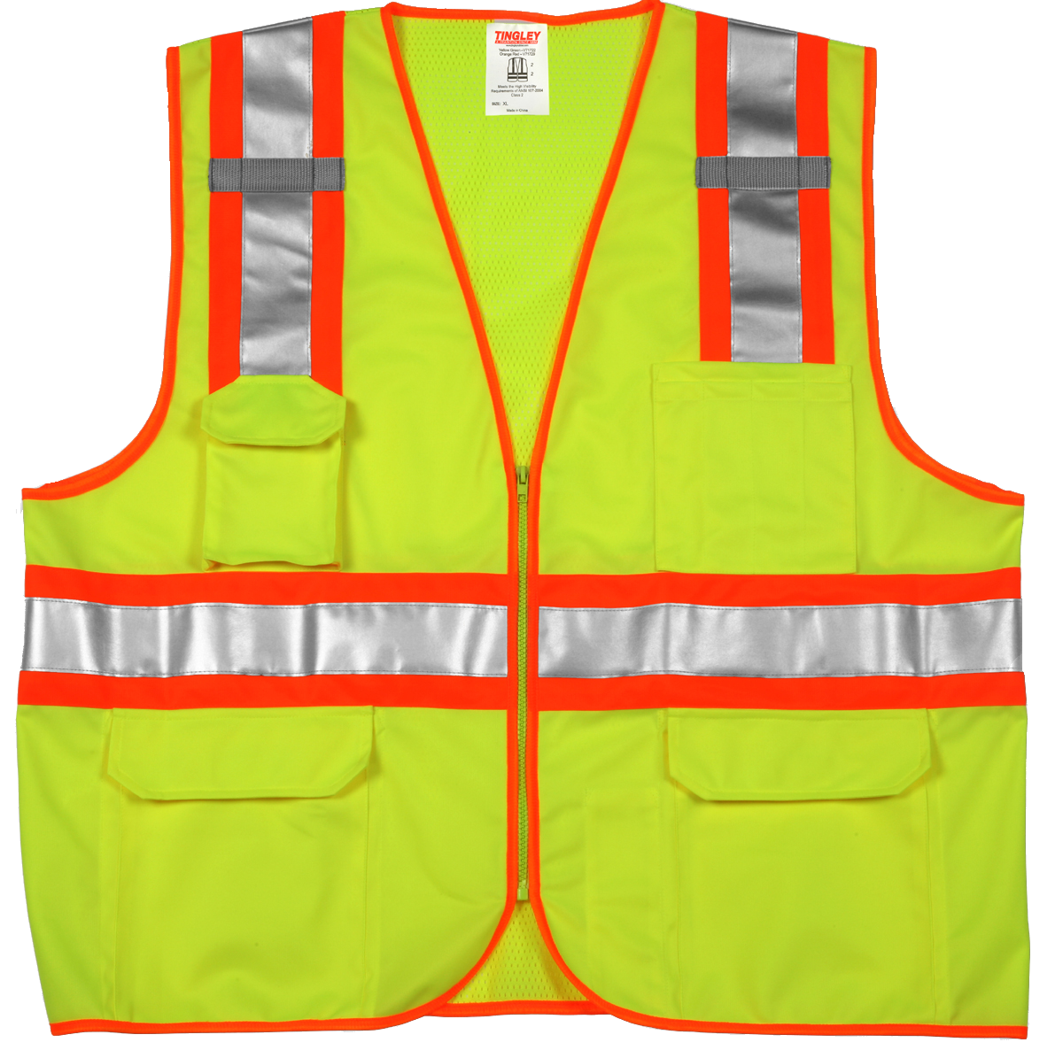 Type R Class 2 Surveyor Style Vest - Fluorescent Yellow-Green - Polyester Solid Front, Mesh Back - Zipper Closure - 2 Mic Tabs - 5 Exterior Pockets - 3 Interior Pockets - Two-Tone Silver Reflective Tape-eSafety Supplies, Inc