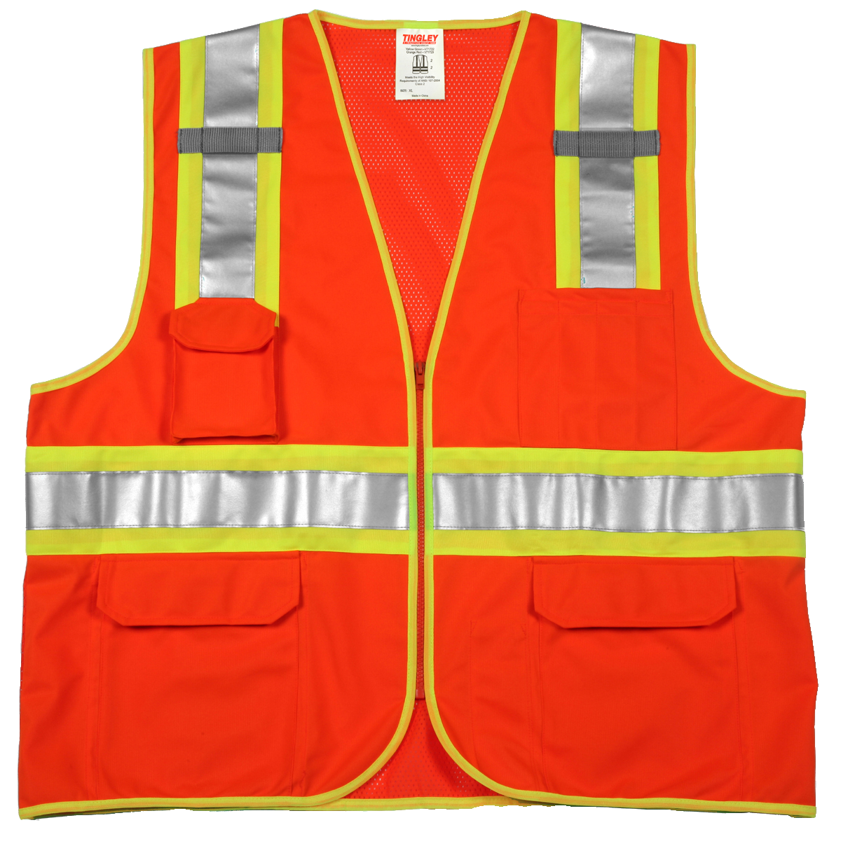 Type R Class 2 Surveyor Style Vest - Fluorescent Orange-Red - Polyester Solid Front, Mesh Back - Zipper Closure - 2 Mic Tabs - 5 Exterior Pockets - 3 Interior Pockets - Two-Tone Silver Reflective Tape-eSafety Supplies, Inc