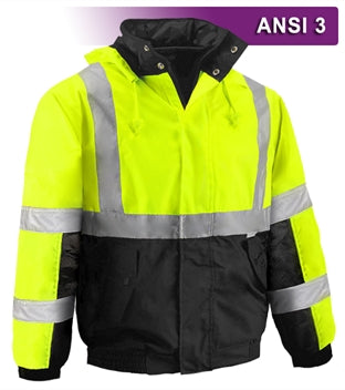 Safety Jacket: Hi Vis Bomber: Breathable Waterproof: Hood: Lime 2-Tone-eSafety Supplies, Inc