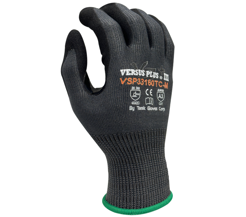 Versus Plus® - 15 Gauge Dark Blue Turnbull® shell, Black Sandy-Foam Nitrile palm coated, Reinforced Thumb Saddle, ANSI Cut A3 - Dozen