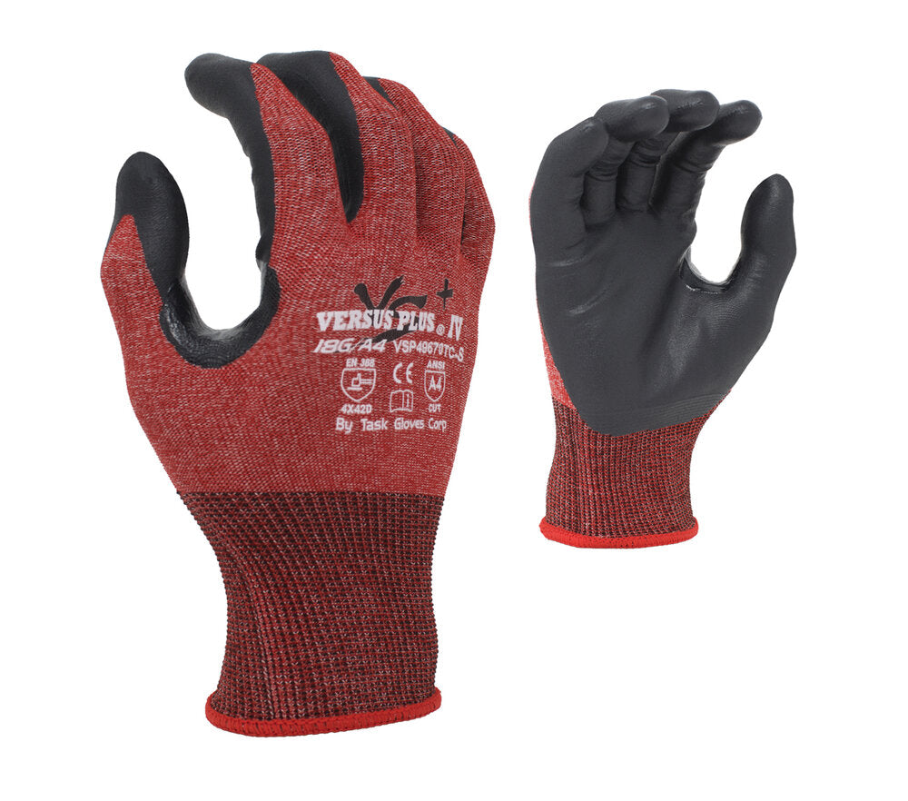 Task Gloves: Versus Plus® - 18G Red Falstone® shell, Soft-Foam Nitrile palm coated, Reinforced Thumb Crotch, ANSI A4, Touchscreen compatible - Dozen