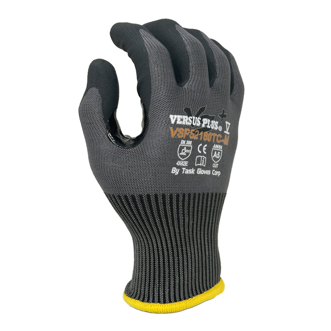 Versus Plus® - 15 Gauge Gray 80% Turnbull® yarn/20% R-PET, Black Micro-Foam Nitrile Palm coated, Reinforced Thumb Saddle, ANSI Cut A5, Touchscreen compatible