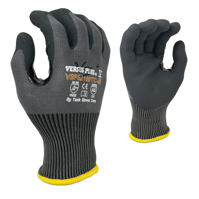 Versus Plus® - 15 Gauge Gray 80% Turnbull® yarn/20% R-PET, Black Micro-Foam Nitrile Palm coated, Reinforced Thumb Saddle, ANSI Cut A5, Touchscreen compatible