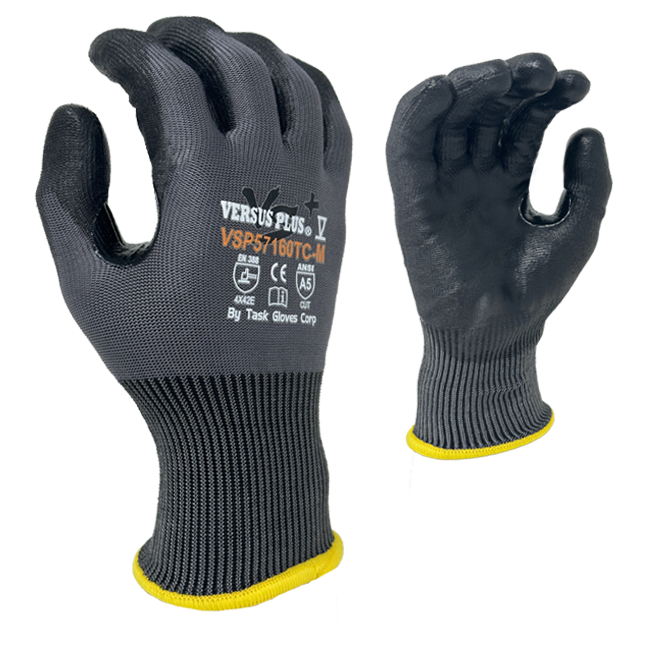 Versus Plus® - 15 Gauge Gray 80% Turnbull® yarn/20% R-PET, Gray Polyurethane Palm coated, Reinforced Thumb Saddle, ANSI Cut A5, Touchscreen compatible - Dozen