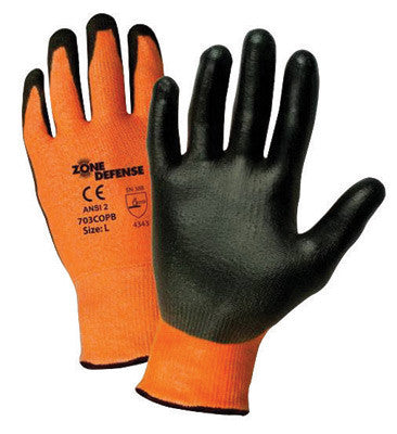 West Chester Large Zone Defense Cut And Abrasion Resistant Black Polyurethane Dipped Palm Coated Work Gloves With Orange High Performance Polyethylene Liner And Elastic Knit Wrist-eSafety Supplies, Inc