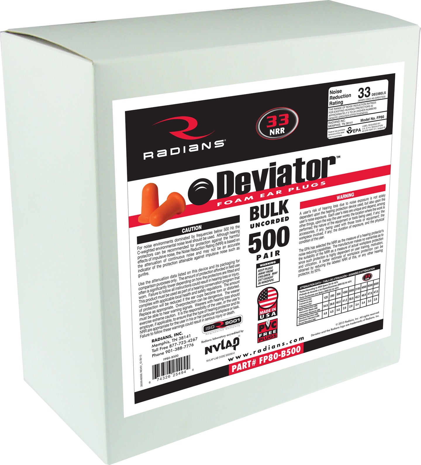 Radians Deviator® Foam Uncorded Earplug Dispenser Refill - 500 Pair-eSafety Supplies, Inc