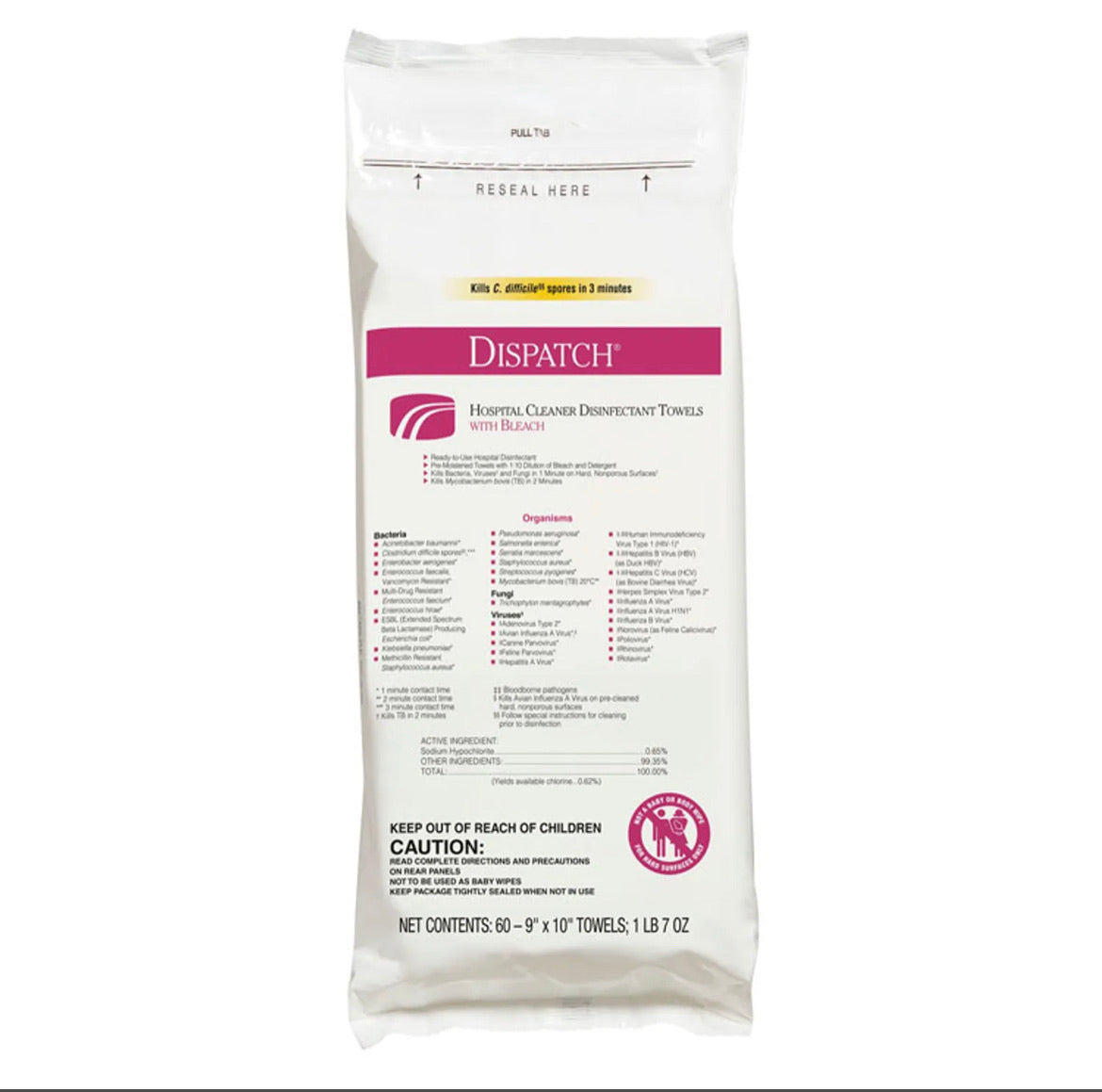 Dispatch Cleaner Disinfectant Towels with Bleach 9 x 10, 60/Pack