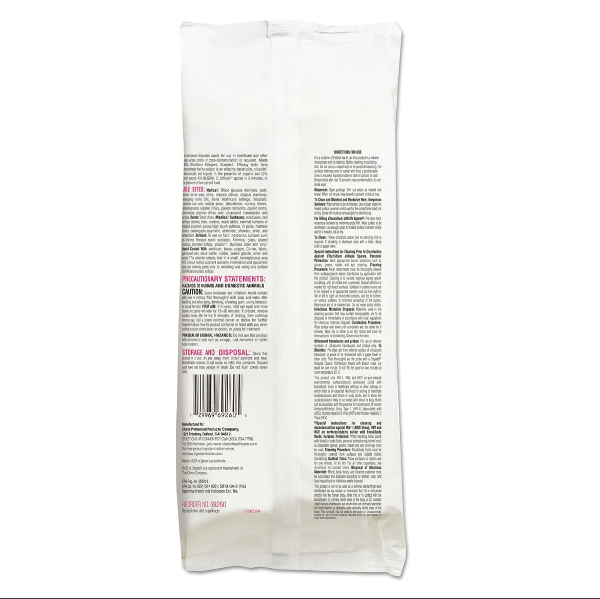 Dispatch Cleaner Disinfectant Towels with Bleach 9 x 10, 60/Pack-eSafety Supplies, Inc