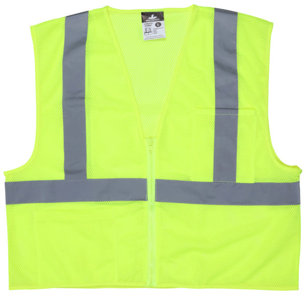 MCR Safety Class 2, Lime Poly Vest, 2" Silver Tape-eSafety Supplies, Inc