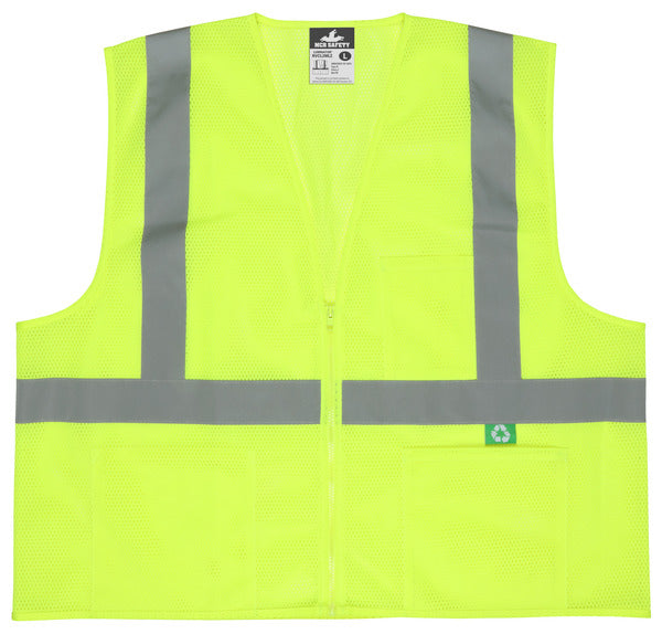 MCR Safety Recycled Mesh Vest,Lime,Class 2,Zip X2-eSafety Supplies, Inc