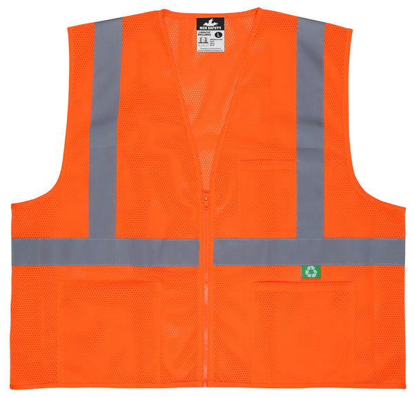 MCR Safety Recycled Mesh Vest,Orange,Class 2,Zip X3-eSafety Supplies, Inc