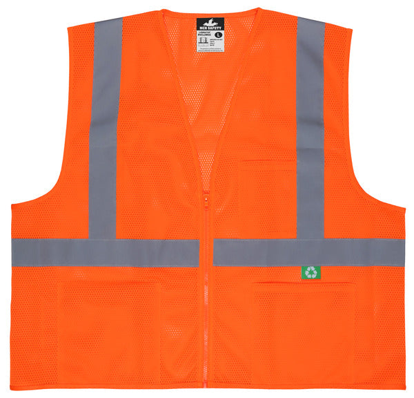MCR Safety Recycled Mesh Vest,Orange,Class 2,Zip X4-eSafety Supplies, Inc