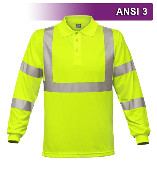 Safety Polo: Hi Vis Polo: Long Sleeve Lime Birdseye: ANSI 3-eSafety Supplies, Inc