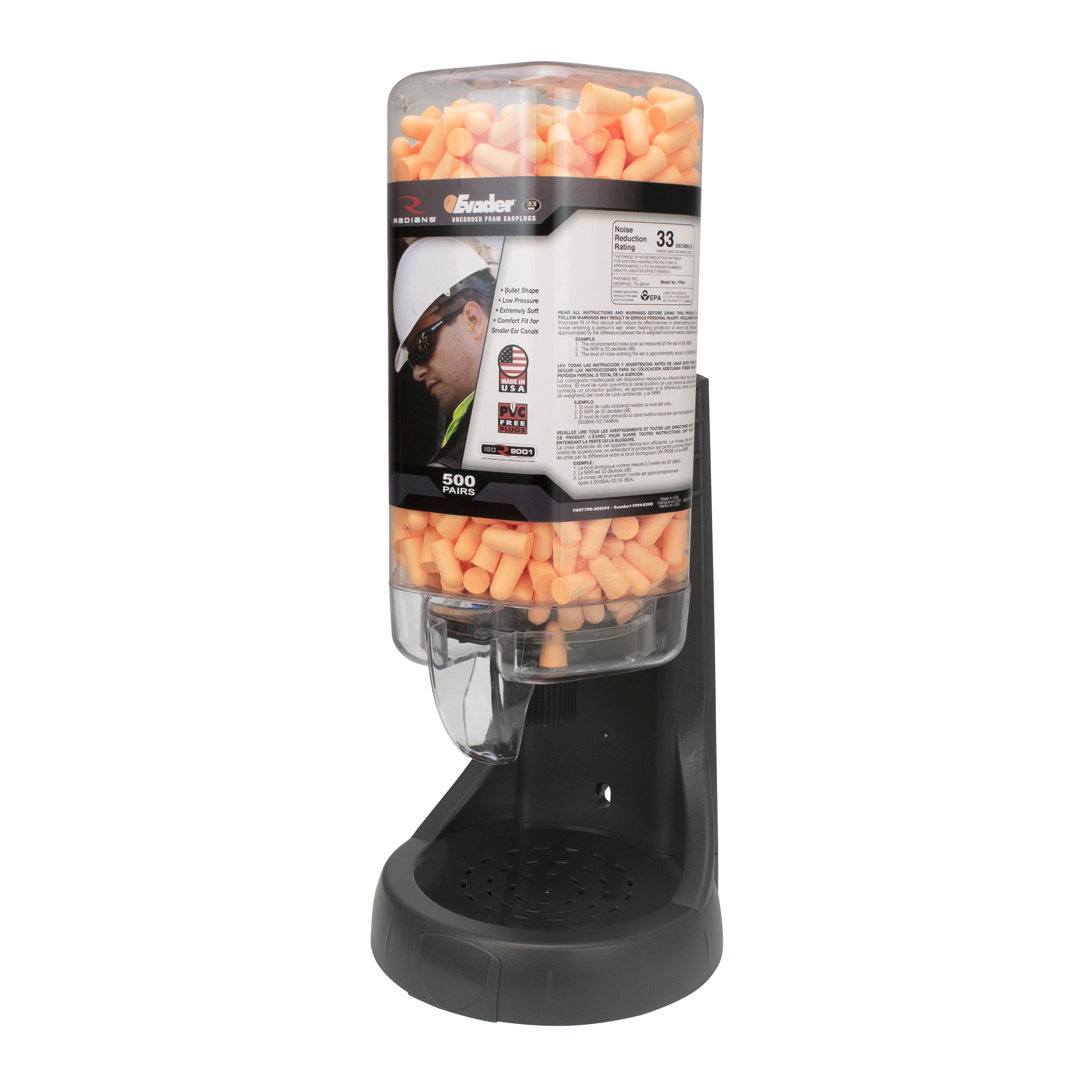 Radians Refillable Dispenser with Evader™ FP94 Plugs - 500 Pair-eSafety Supplies, Inc