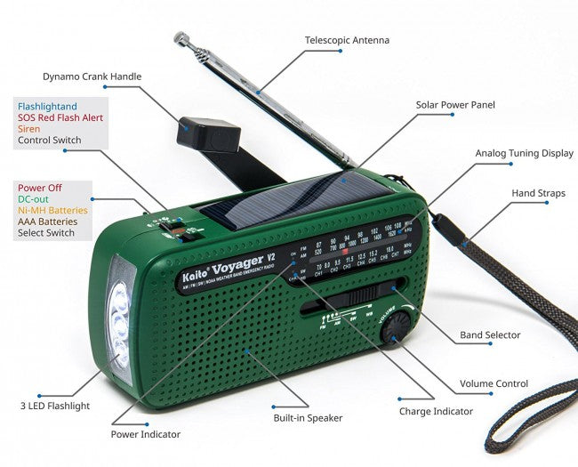 Kaito Voyager V2 Portable Solar / Hand Crank AM/FM, Shortwave & NOAA Weather Emergency Radio with USB Cell Phone Charger & LED Flashlight (Green)-eSafety Supplies, Inc