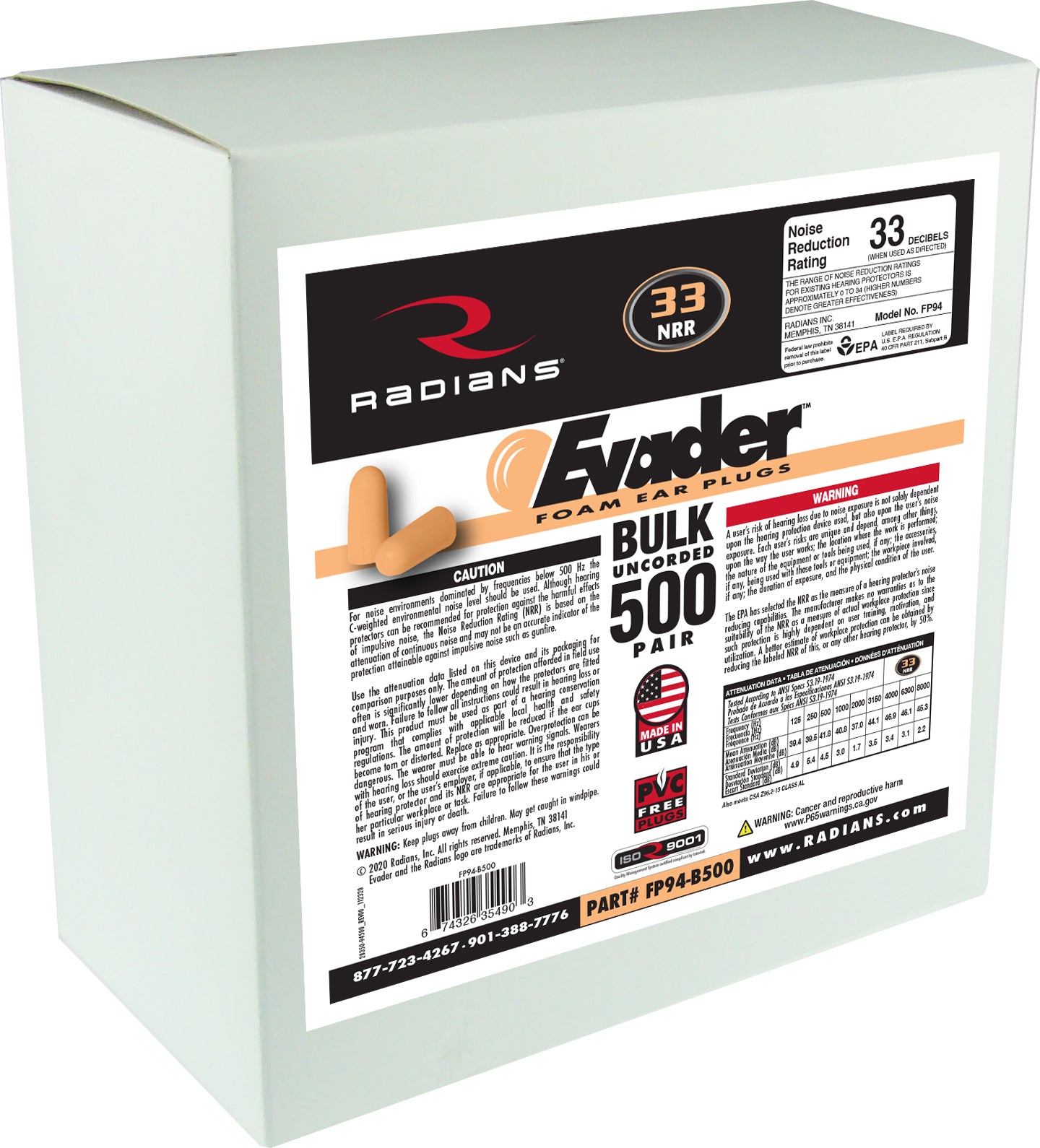 Radians Evader Foam Uncorded Earplug Dispenser Refill - 500 Pair-eSafety Supplies, Inc