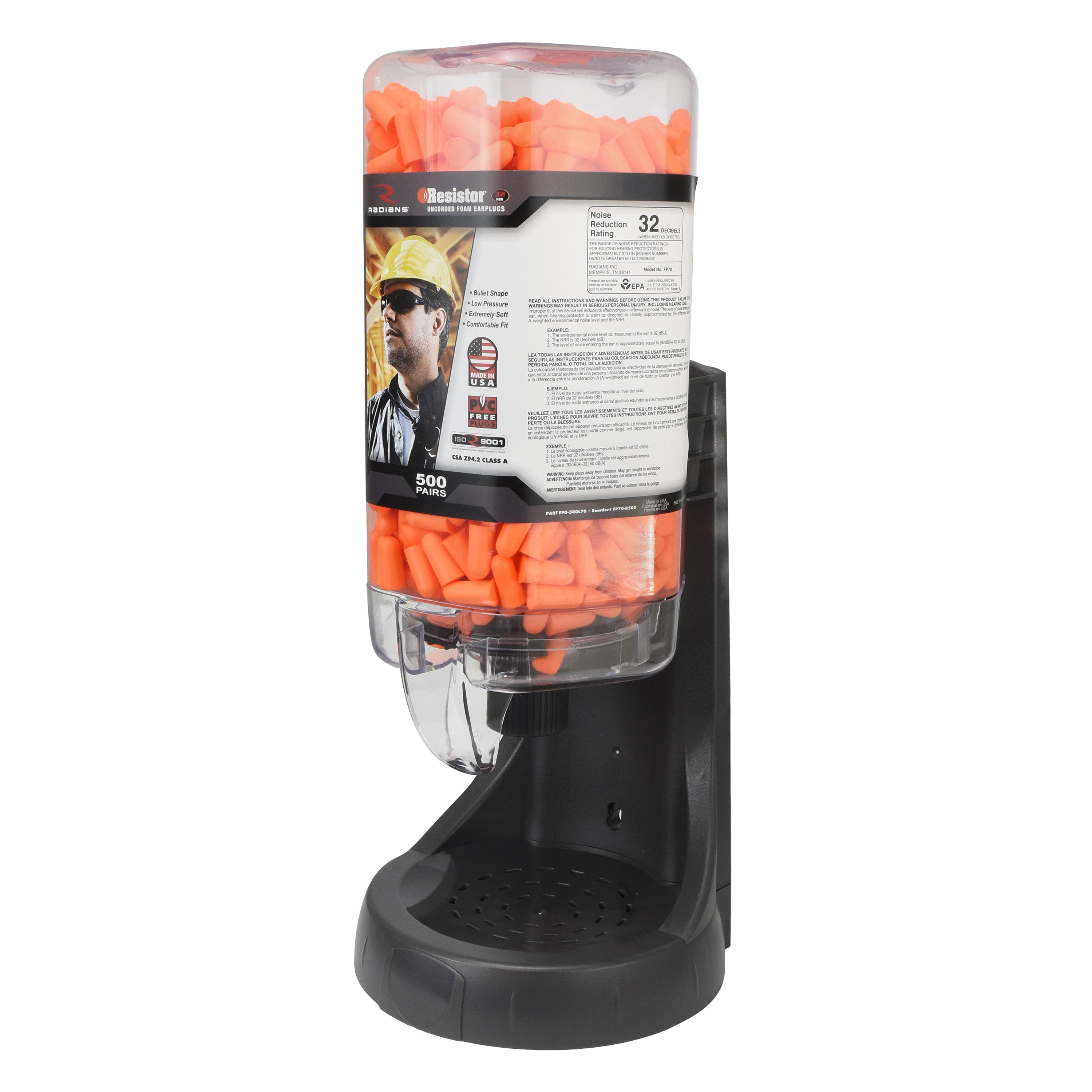 Radians Refillable Dispenser with Resistor® 32 FP70 Plugs - 500 Pair-eSafety Supplies, Inc